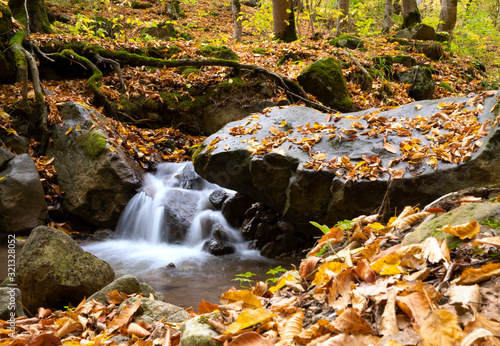 Little waterfall in the forest with leaves in autumn. long exposure.
