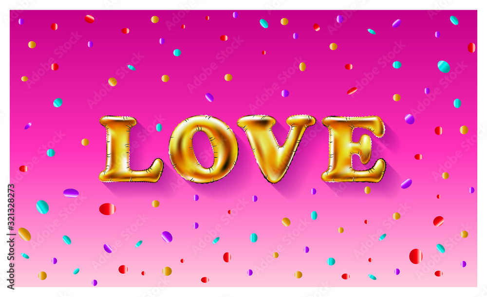 Gold letter love balloons Valentines Day. I love you. Shine glossy metallic balloons background. Vector illustration EPS10