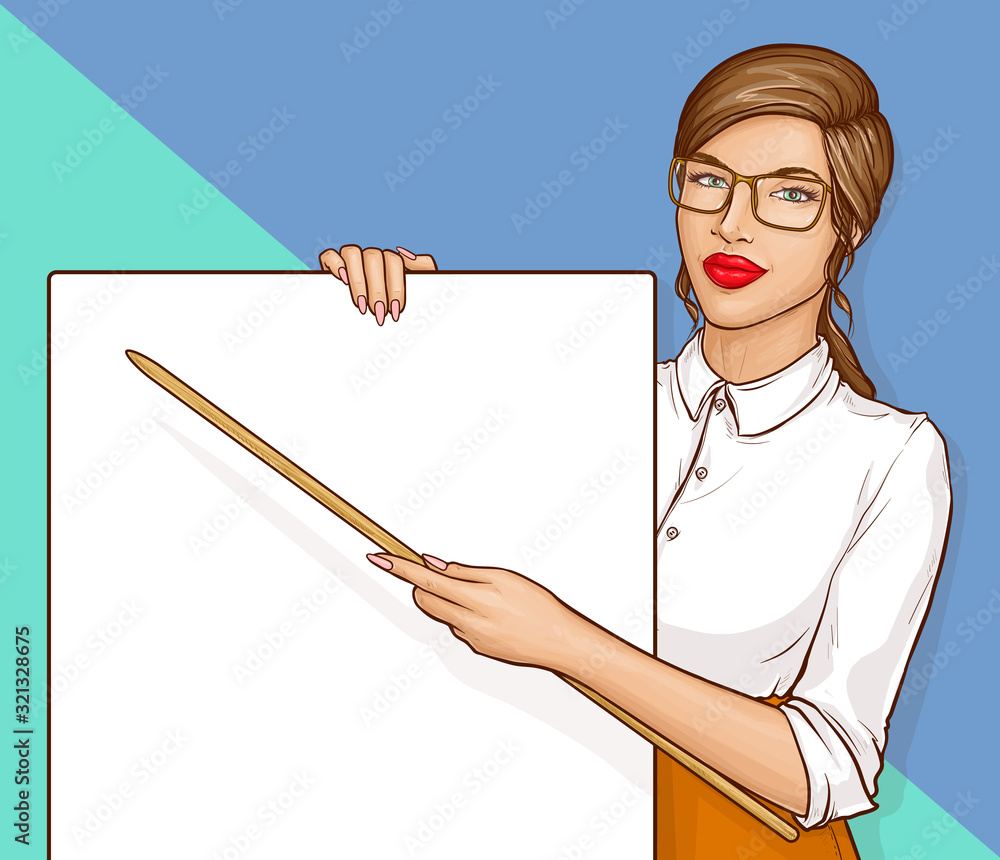 Pop art business woman or sexy teacher with long brown hair and red lips  wearing glasses