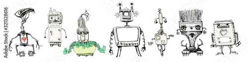 Team of robots. Vintage toys. Ink drawing.