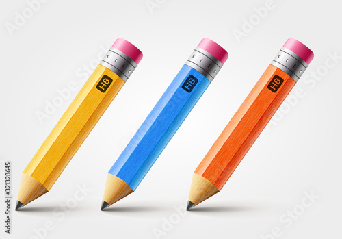 Vector short pencil, realistic pencil isolated cartoon with rubber eraser