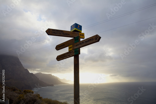 wooden signpost on blue sky Sicily Italy 