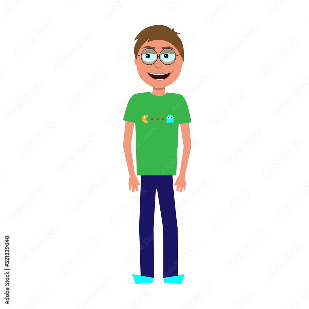 flat cartoon vector character of geek isolated on white background