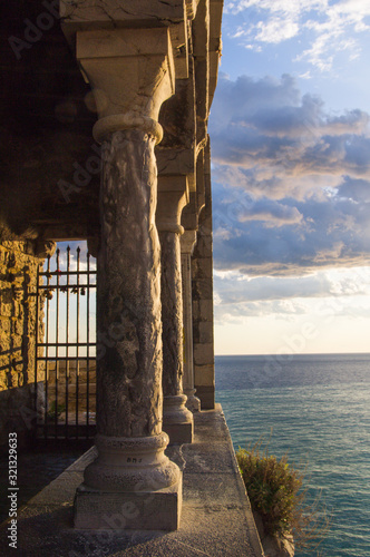 Columns of famous gothic Church of St. Peter Porto Venere, Ligurian Coast, province of La Spezia, Italy...