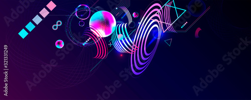 Blue 3d futuristic neon space background with planets and geometric elements. Abstraction
