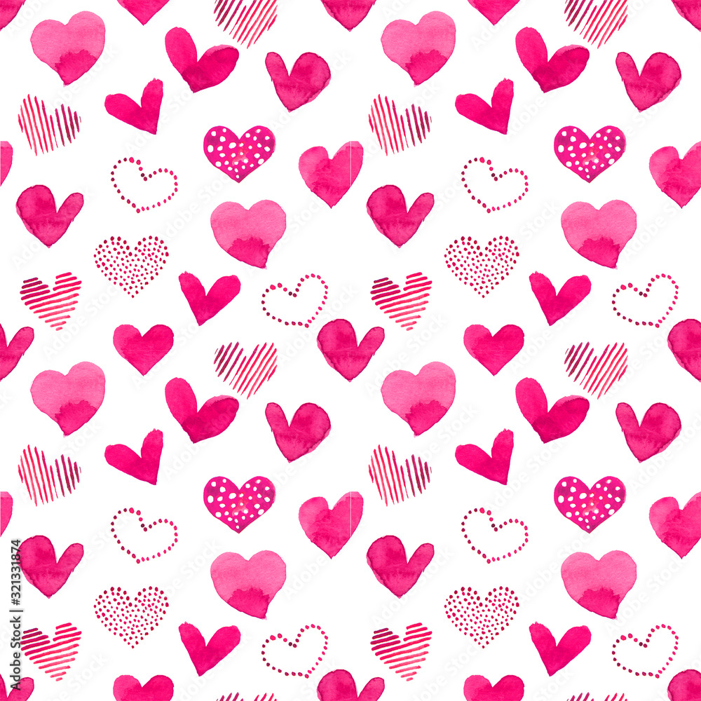 Watercolor illustrated pink love hearts pattern set for Valentine's day