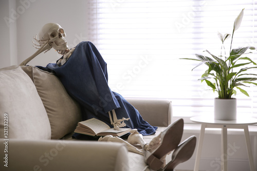 Human skeleton with book on sofa indoors photo
