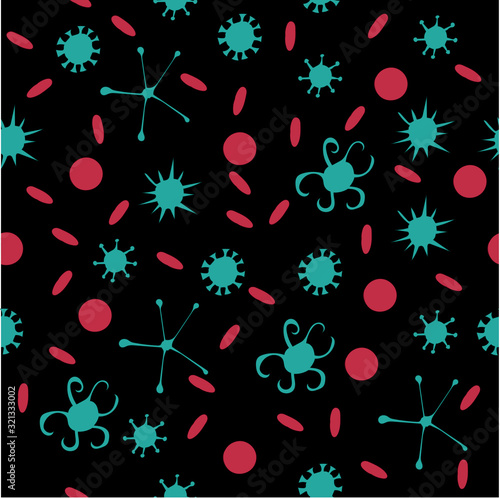 seamless black background with viruses and blood cells