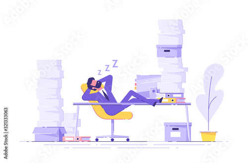 Business man is sleeping at his workplace desk during working hours with the piles of paper document around. Procrastinating and wasting time concept. Vector illustration.