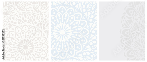 Set o 3 Abstract Oriental Vector Layouts with Rossete Print. Hand Drawn Mandala Isolated on a Beige, Blue and Light Gray Backgrounds. Simple Creative Prints with no Text, ideal for Cover, Layout,Card. photo