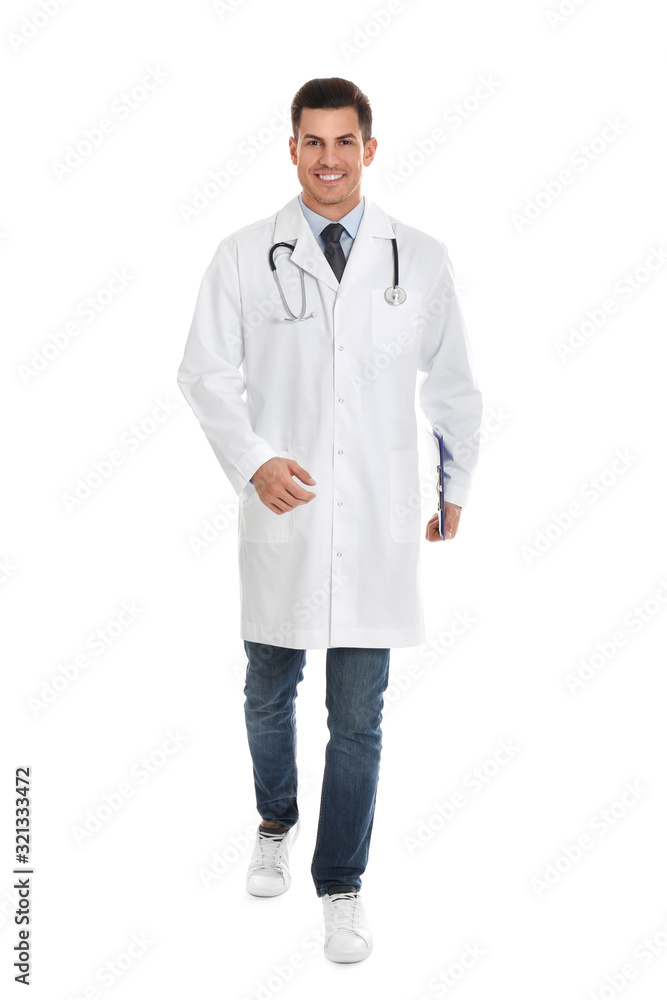 Doctor with clipboard walking on white background Doctor with clipboard walking on white background