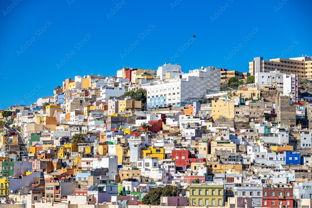  original head of the Spanish city, the capital of Gran Canaria, Las Palmas, from a lookout point to colorful houses