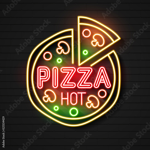 Neon Sign For A Pizzeria On A Brick Background For Cafes, Restaurants