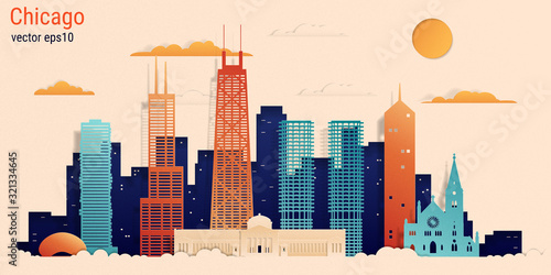 Chicago city colorful paper cut style, vector stock illustration. Cityscape with all famous buildings. Skyline Chicago city composition for design.