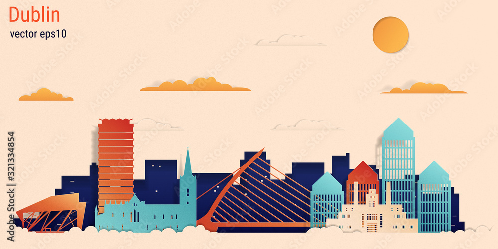 Naklejka premium Dublin city colorful paper cut style, vector stock illustration. Cityscape with all famous buildings. Skyline Dublin city composition for design.