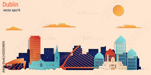 Dublin city colorful paper cut style, vector stock illustration. Cityscape with all famous buildings. Skyline Dublin city composition for design.