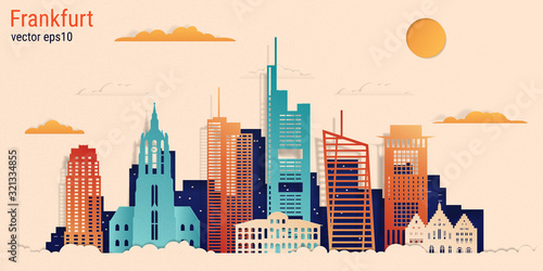 Frankfurt city colorful paper cut style, vector stock illustration. Cityscape with all famous buildings. Skyline Frankfurt city composition for design.