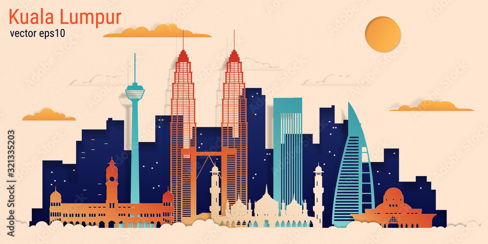 Obraz premium Kuala Lumpur miasto kolorowy papier cięty styl, ilustracji wektorowych. Pejzaż miejski ze wszystkimi słynnymi budynkami. Skyline Kuala Lumpur kompozycja miasta do projektowania.