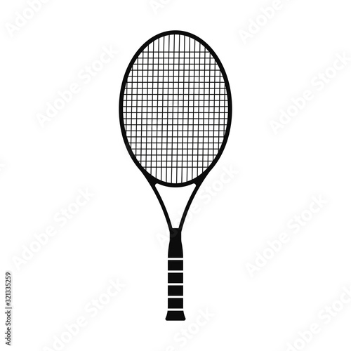 Tennis racket icon. Black silhouette. Vector drawing. Vertical view. Isolated object on a white background. Isolate.