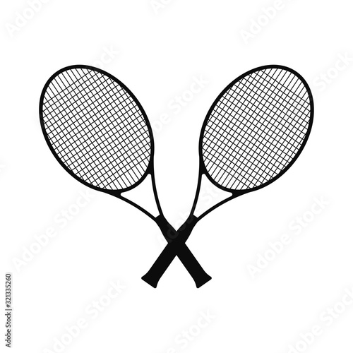 Tennis rackets icon. Vertical view. Black silhouette. Vector drawing. Isolated object on a white background. Isolate.