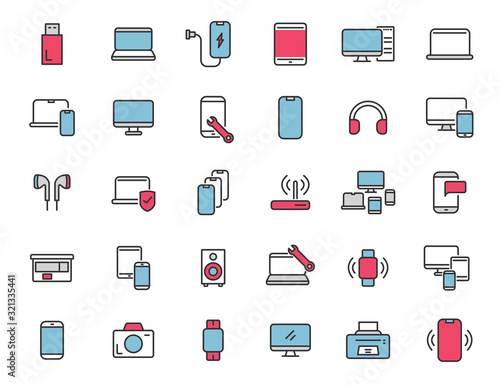 Set of linear electronics icons. Computer technology icons in simple design. Vector illustration