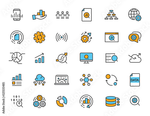 Set of linear data processing icons. Analysis icons in simple design. Vector illustration