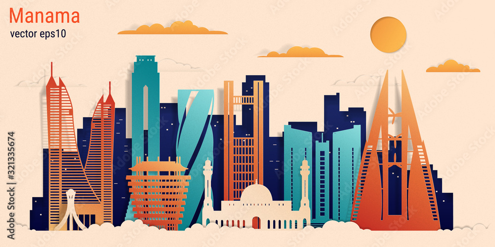 Fototapeta Manama city colorful paper cut style, vector stock illustration. Cityscape with all famous buildings. Skyline Manama city composition for design.