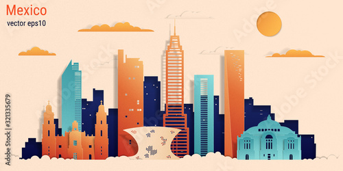 Mexico city colorful paper cut style, vector stock illustration. Cityscape with all famous buildings. Skyline Mexico city composition for design.