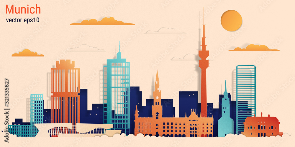 Obraz premium Munich city colorful paper cut style, vector stock illustration. Cityscape with all famous buildings. Skyline Munich city composition for design.