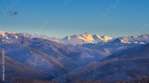 Winter sunset in caucasus mountains in Lagonaki  Adygea  Russia