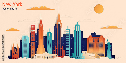 Fototapeta New York city kolorowy styl cięcia papieru, ilustracji wektorowych. Pejzaż miejski ze wszystkimi słynnymi budynkami. Skyline w Nowym Jorku skład do projektowania.