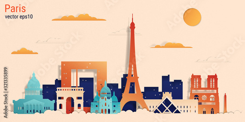 Paris city colorful paper cut style, vector stock illustration. Cityscape with all famous buildings. Skyline Paris city composition for design.