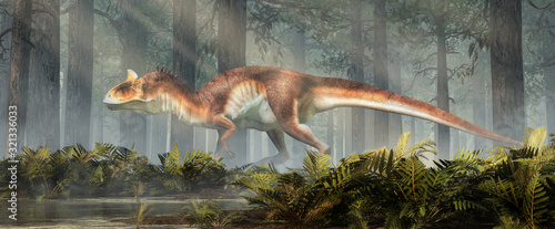 Cryolophosaurus was a carnivorous theropod dinosaur, known for its distinctive crest, it lived during the Jurassic in Antarctica. Depicted in a forest. 3D Rendering. © Daniel Eskridge