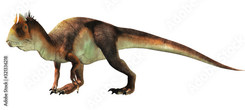 Cryolophosaurus was a carnivorous theropod dinosaur, known for a distinctive crest, it lived during the Jurassic in Antarctica. On a white background. 3D Rendering. © Daniel Eskridge