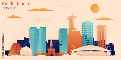 Rio de Janeiro city colorful paper cut style, vector stock illustration. Cityscape with all famous buildings. Skyline Rio de Janeiro city composition for design.