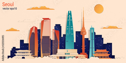 Seoul city colorful paper cut style, vector stock illustration. Cityscape with all famous buildings. Skyline Seoul city composition for design.