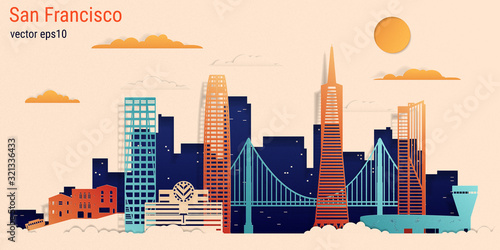 San Francisco city colorful paper cut style, vector stock illustration. Cityscape with all famous buildings. Skyline San Francisco city composition for design. photo