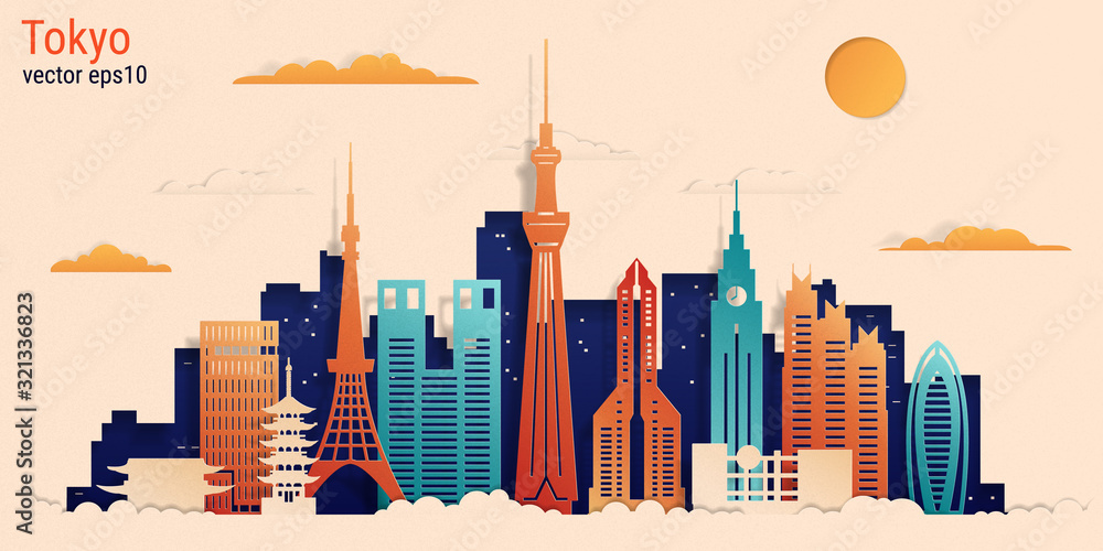 Tokyo city colorful paper cut style, vector stock illustration. Cityscape with all famous buildings. Skyline Tokyo city composition for design. - obrazy, fototapety, plakaty 
