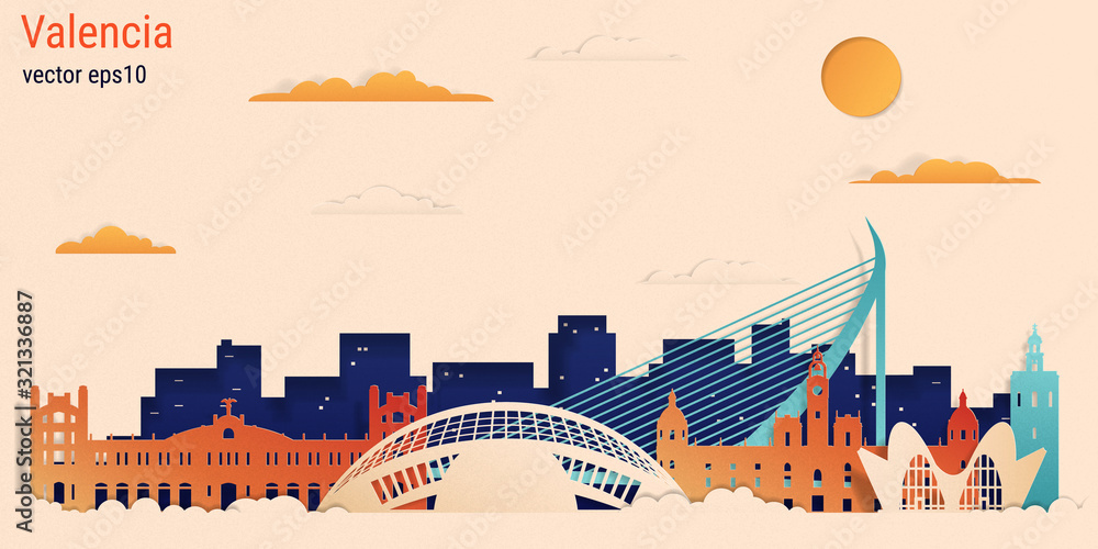 Naklejka premium Valencia city colorful paper cut style, vector stock illustration. Cityscape with all famous buildings. Skyline Valencia city composition for design.