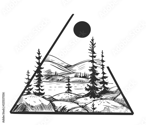 Wild natural landscape. Tattoo sketch. Transparent background. Hand drawn illustration converted to vector. Great for travel ads, brochures, labels, flyer decor, apparel, t-shirt print.