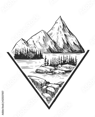 Wild natural landscape. Tattoo sketch. Transparent background. Hand drawn illustration converted to vector. Great for travel ads, brochures, labels, flyer decor, apparel, t-shirt print.