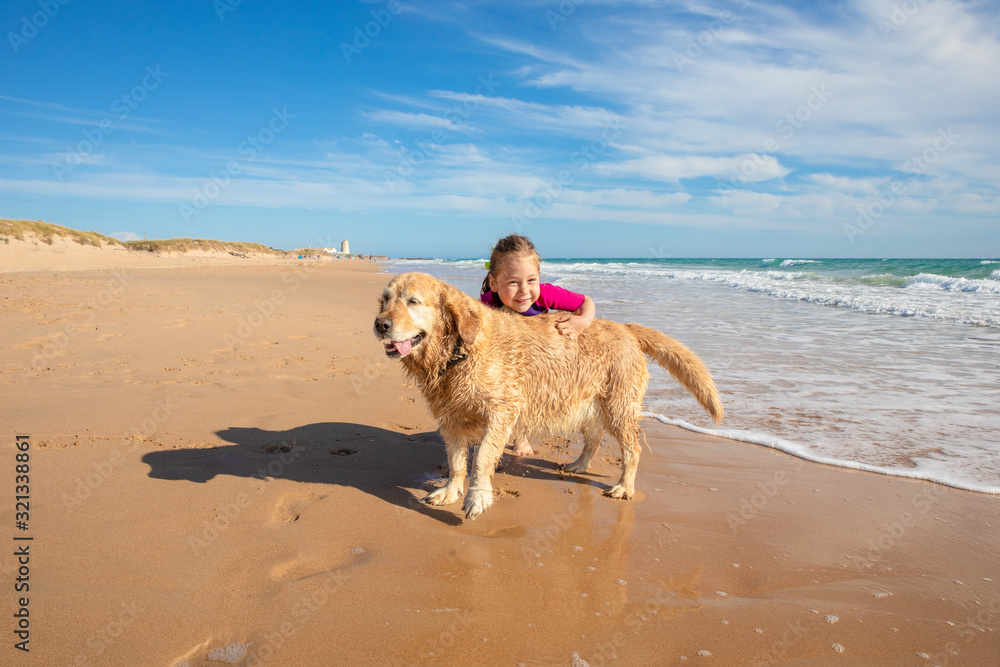 happy four years old little girl smiling and looking, holding a dog, golden retriever breed pedigree, on seashore in Palmar Beach (Vejer, Cadiz, Andalusia, Spain)