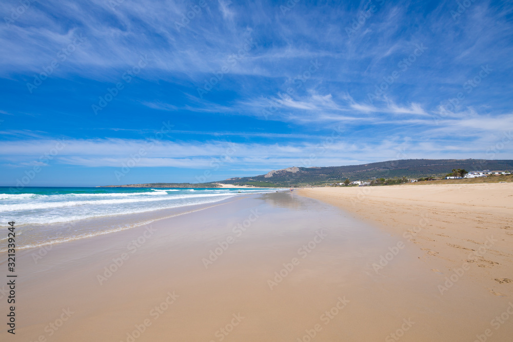 beautiful scenery from seashore of sandy and lonely Bolonia Beach, in Tarifa (Cadiz, Andalusia, Spain)