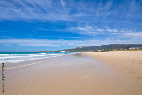 beautiful scenery from seashore of sandy and lonely Bolonia Beach  in Tarifa  Cadiz  Andalusia  Spain 