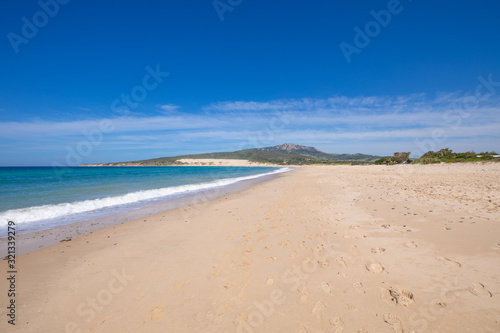 landscape of seaside in beautiful sandy big and lonely Valdevaqueros Beach  in Tarifa  Cadiz  Andalusia  Spain
