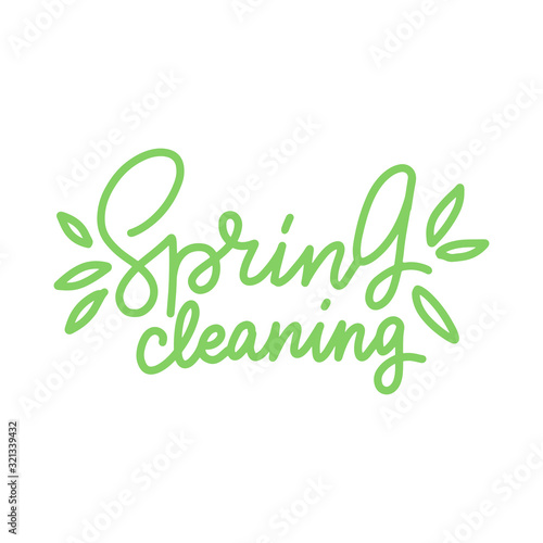 Spring cleaning. Hand drawn line trendy lettering with leaves. Vector typography