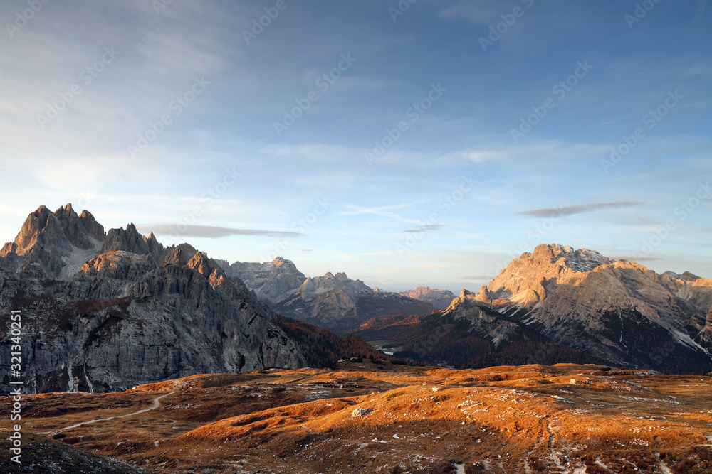 Sunset alpine light in the Dolomites, Italy, Europe