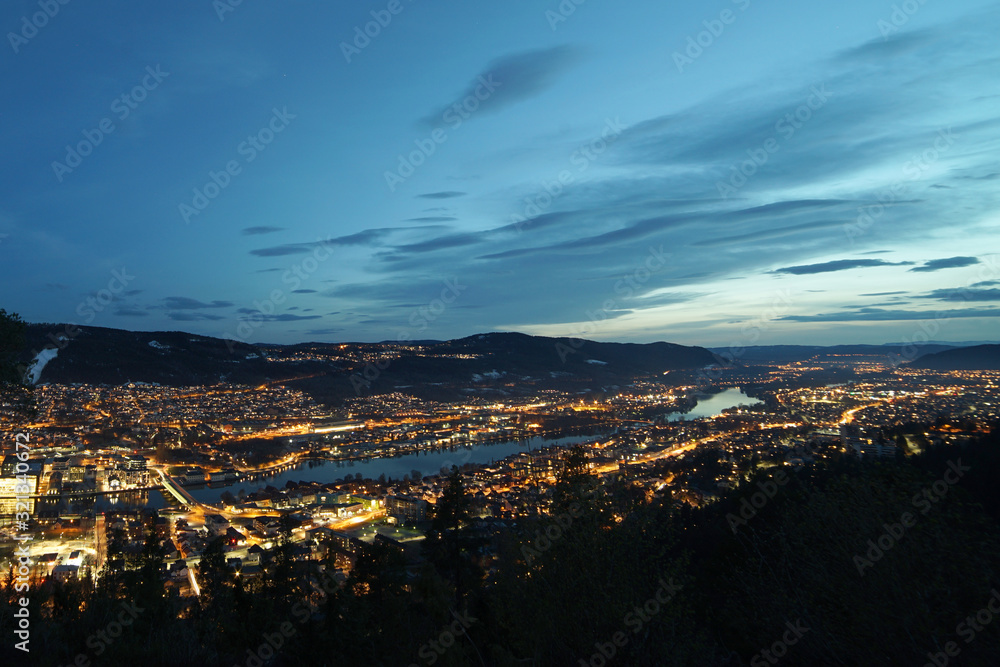 Drammen city in the night time. Norway.