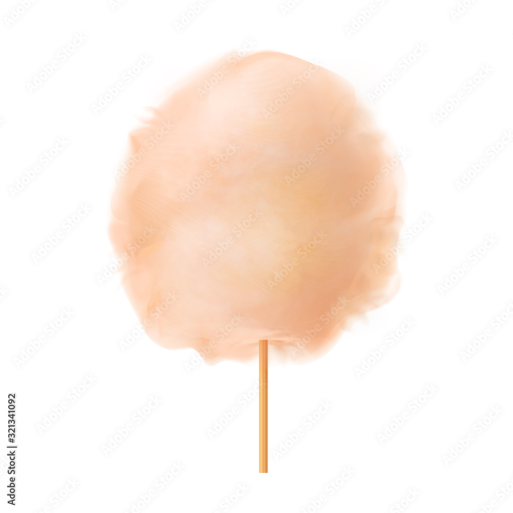 3d cotton candy. Realistic beige cotton candy on wooden stick isolated on white background. Summer tasty and sweet snack for children in parks and food festivals. Vector illustration 3d cotton candy. Realistic beige cotton candy on wooden stick isolated on white background. Summer tasty and sweet snack for children in parks and food festivals. Vector illustration