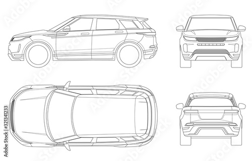 Car vector template on white background. Compact crossover, SUV, 5-door station wagon on outline. Template vector isolated. View front, rear, side, top.